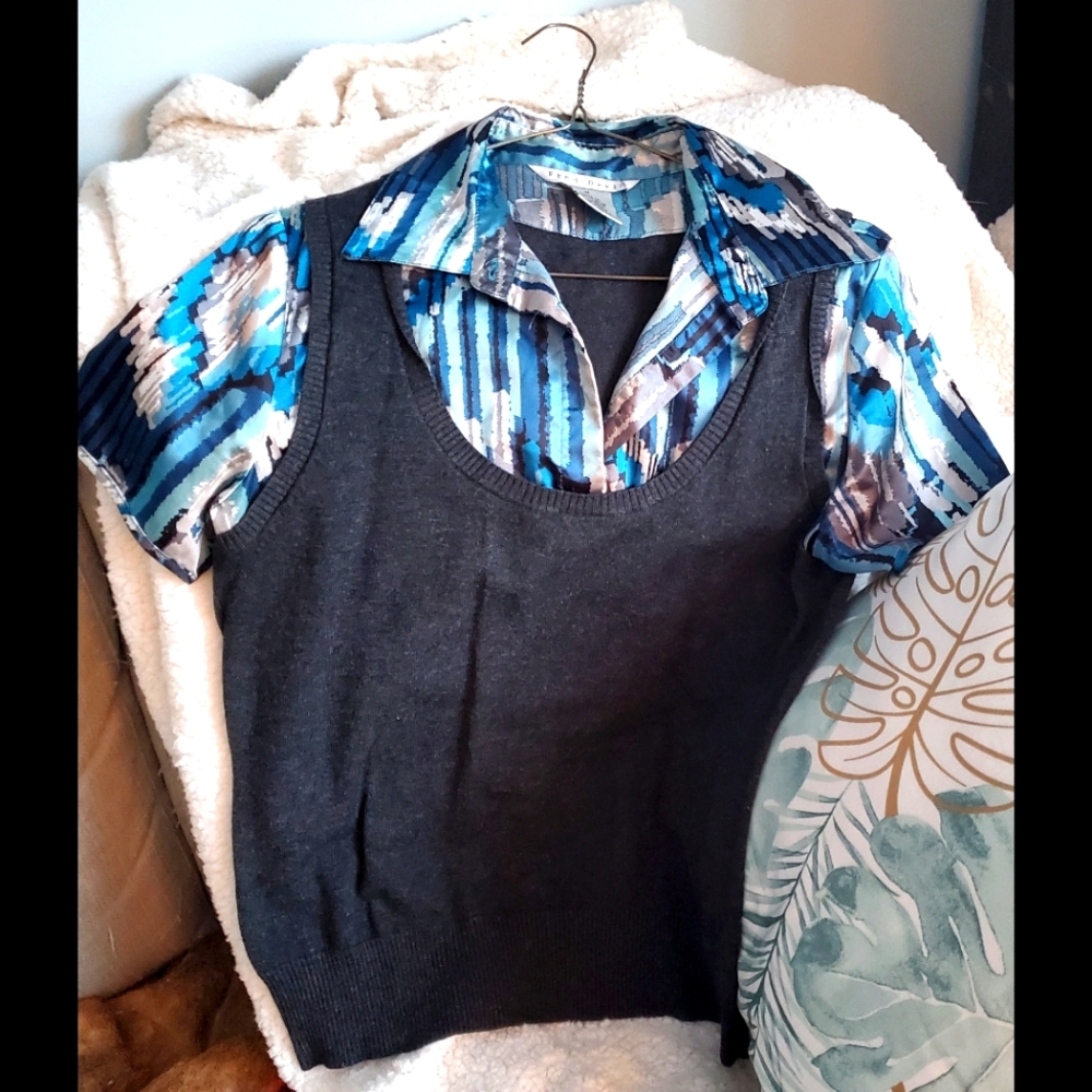 Fred David Fooler Blouse Sweater Vest Women’s Medium Blue Gray Button Front